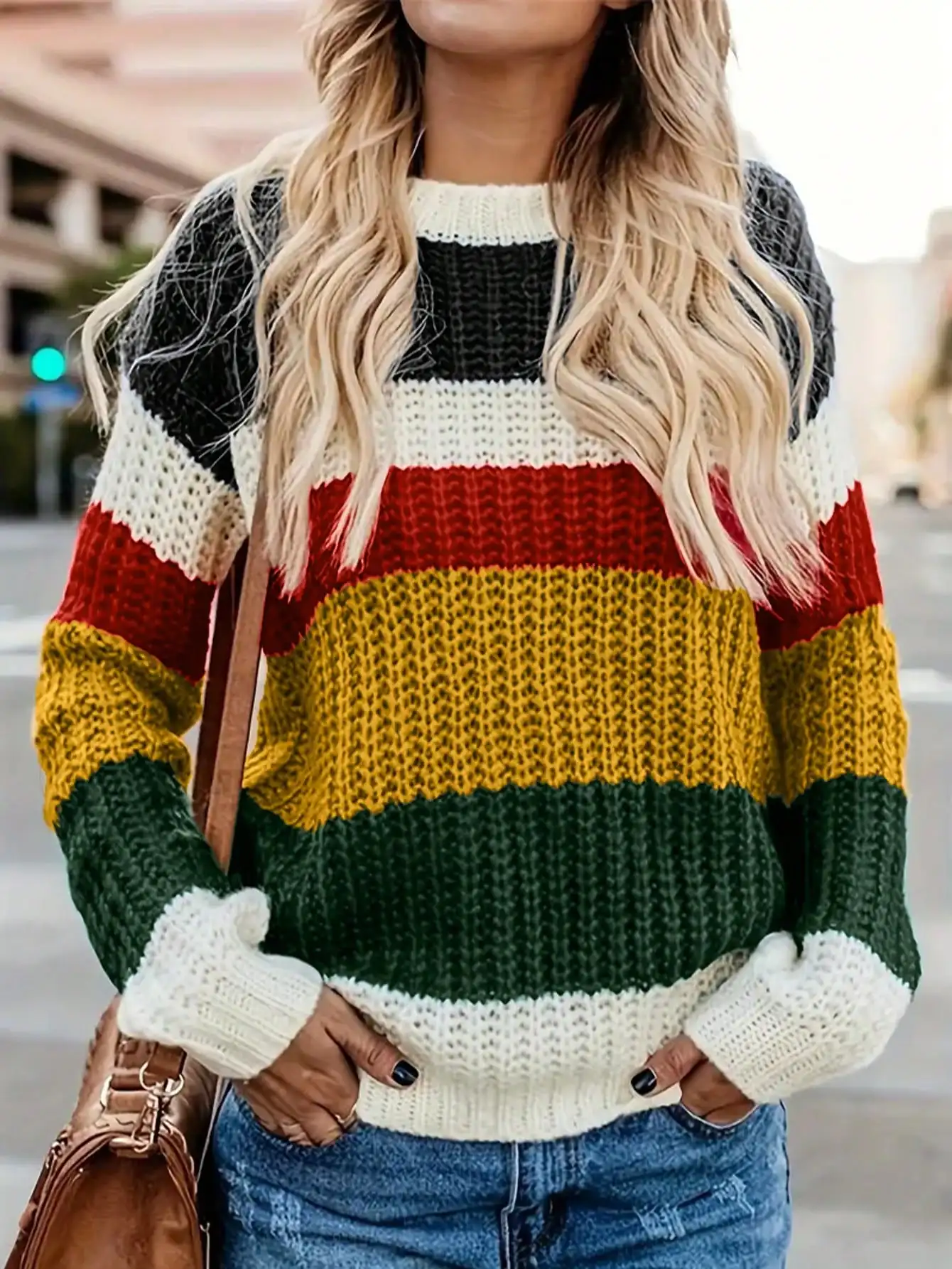 

Plus Size Women's Casual Color Block Crew Neck Long Sleeve Knit Pullover Sweater, Perfect for Fall & Winter