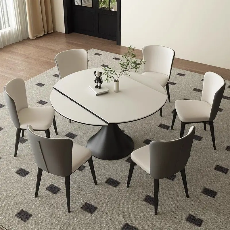 Slate dining table Rotating telescopic folding round dining table Small apartment household round table Dual-purpose