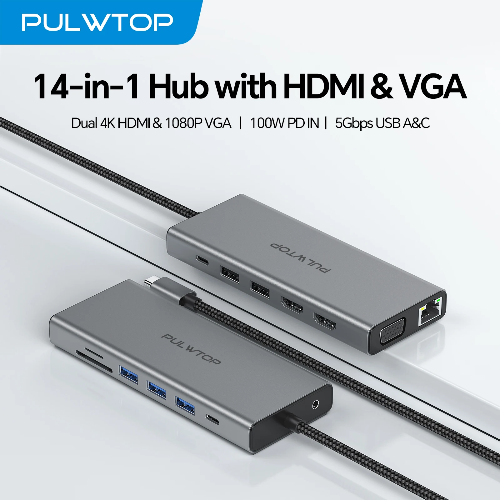 

Док-станция PULWTOP 14 в 1, двойной монитор для ноутбука Dell/HP/Surface, концентратор USB C с двумя HDMI, VGA, PD, Ethernet, SD/TF, USB C
