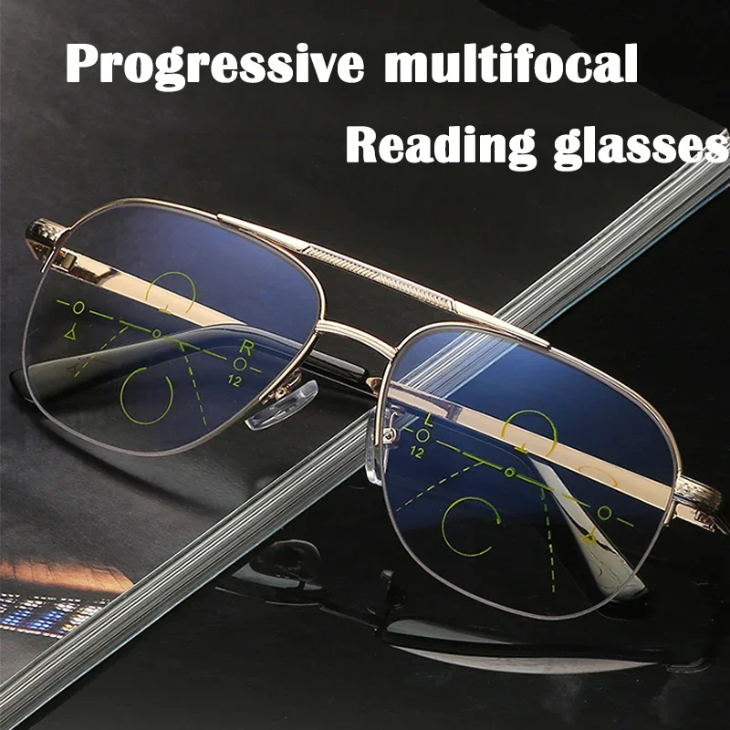 Multifocal progresivos Reading Glasses Men Blue Blocking UV Protection Tea Sunglasses Hyperopia Retro Clear Full Rim gafas