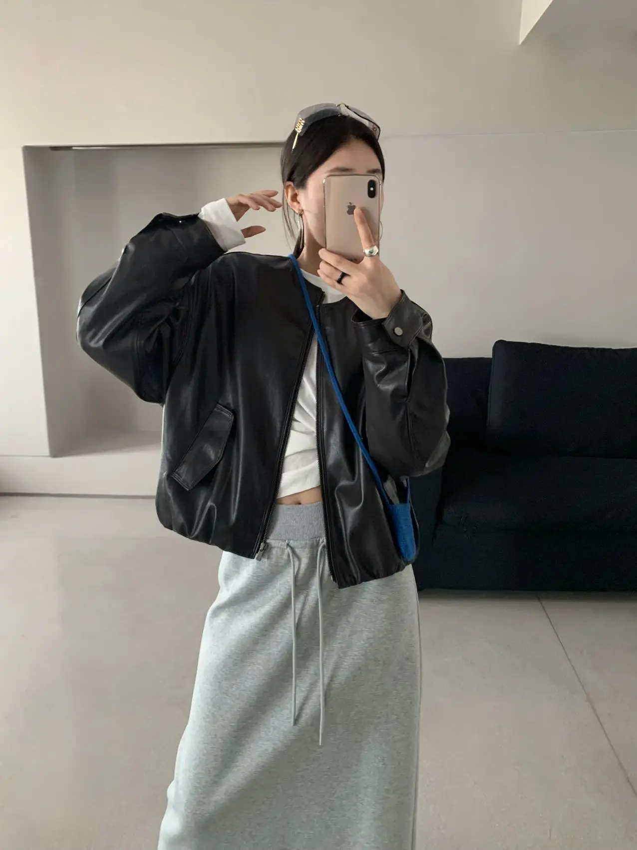 Jaqueta Feminina de Couro Proteico Redonda Simplificada de Alta Qualidade e Maciez, Elegante para Outono/Inverno MM308