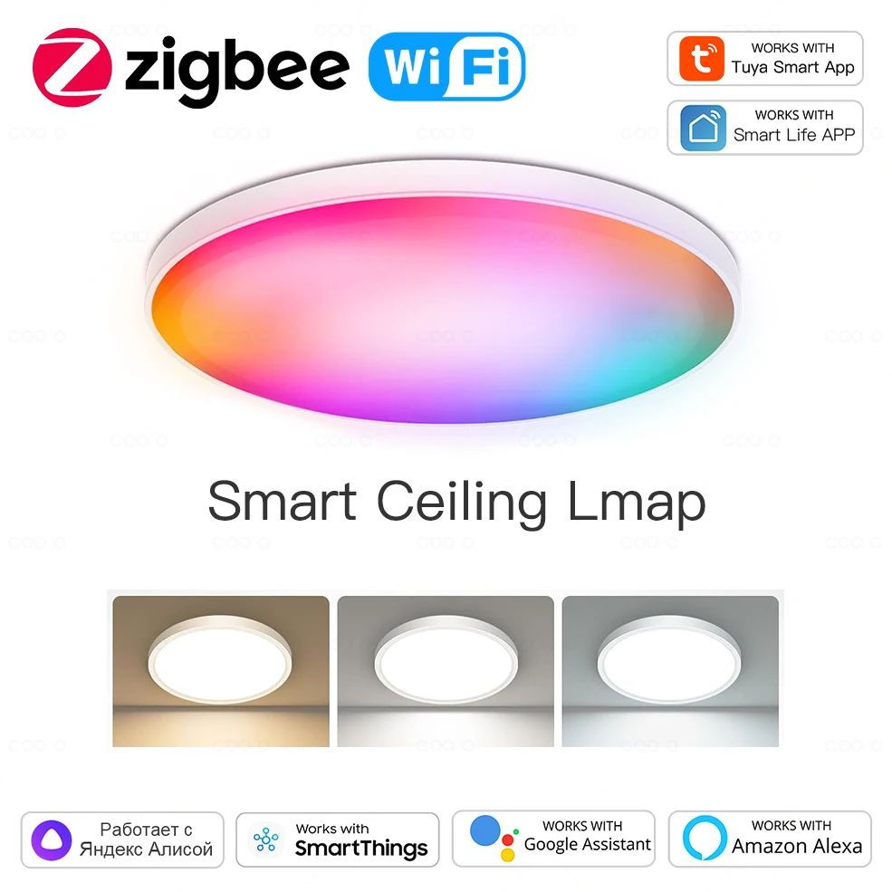 zigbee lampada inteligente do teto luz led redonda decoracao da sala de estar controle de voz do aplicativo alexa google tuya wifi rgbcw 01