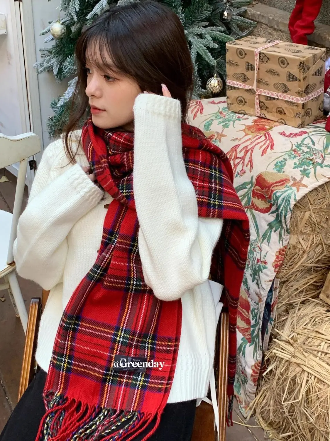 Atmosfera ~ Lenço xadrez vermelho feminino inverno novo cachecol xale de lã de caxemira versátil para manter aquecido