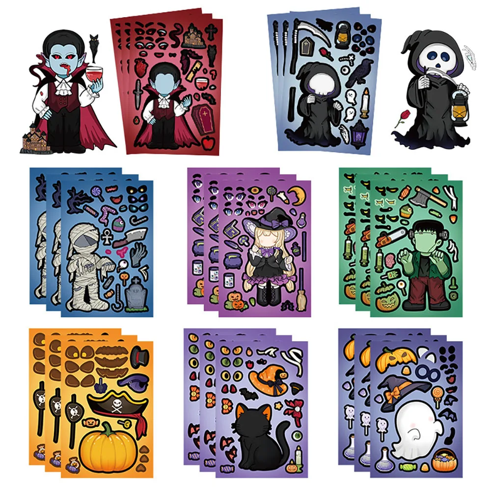

8/16Sheets Cartoon Halloween DIY Puzzle Stickers Graffiti Decoration Mobile Phone Case Notebook Water Cup Children's Waterproof