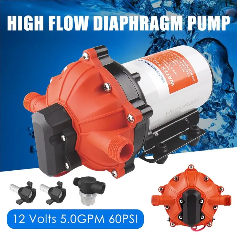 HGHO Yacht Boat Marine RV Caravan High Pressure Supply Water Pump 5.0 GPM 60 PSI DC12/24V Volt Electric Diaphragm 5 Chamber