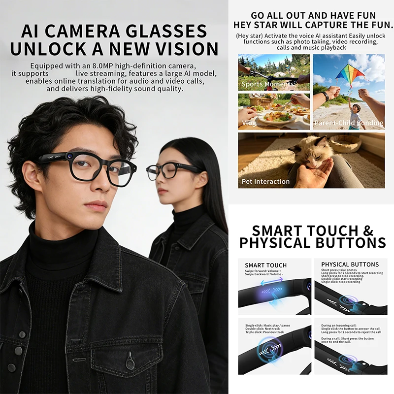 2026 Smart Glasses AI 800W HD Camera 1080P Recording Real Time Translation Video Call Support Live Streaming Wearable Tech Men