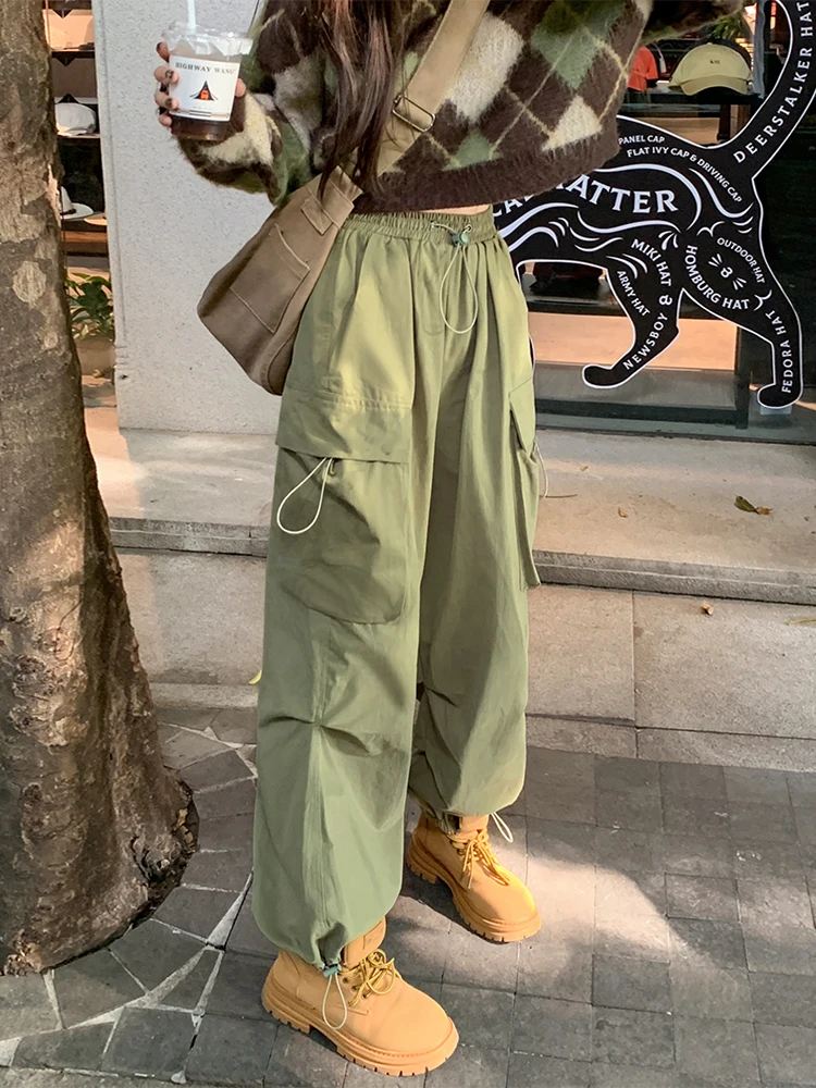 

Брюки рабочие в стиле милитари, с высокой талией, прямые, на шнурке, повседневные, стройнящие, длинные