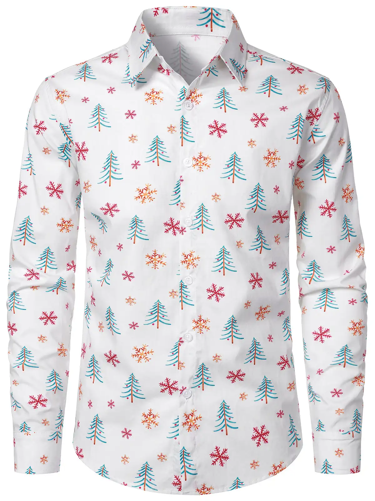 Lightweight Casual | Xmas Family Party | Cute Mini Christmas Tree Snowflake Print | Men Long Sleeve Shirt