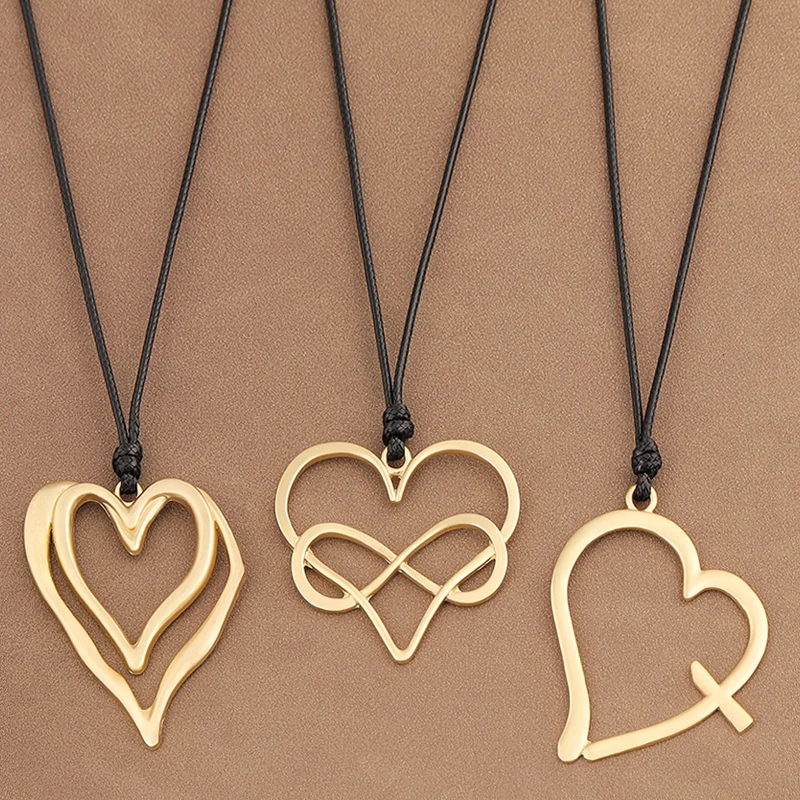 

1 x Elegant Love Heart Pendant On Long Wax Leather Rope Sweater Chain Fashion Jewellery Necklace, Fashionable Matte Gold Color