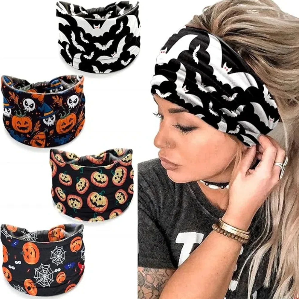 Halloween Headbands For Women Wide Turban Dress Up Costume Headwraps Pumpkin Spider Web Bad Skeleton Hair Band