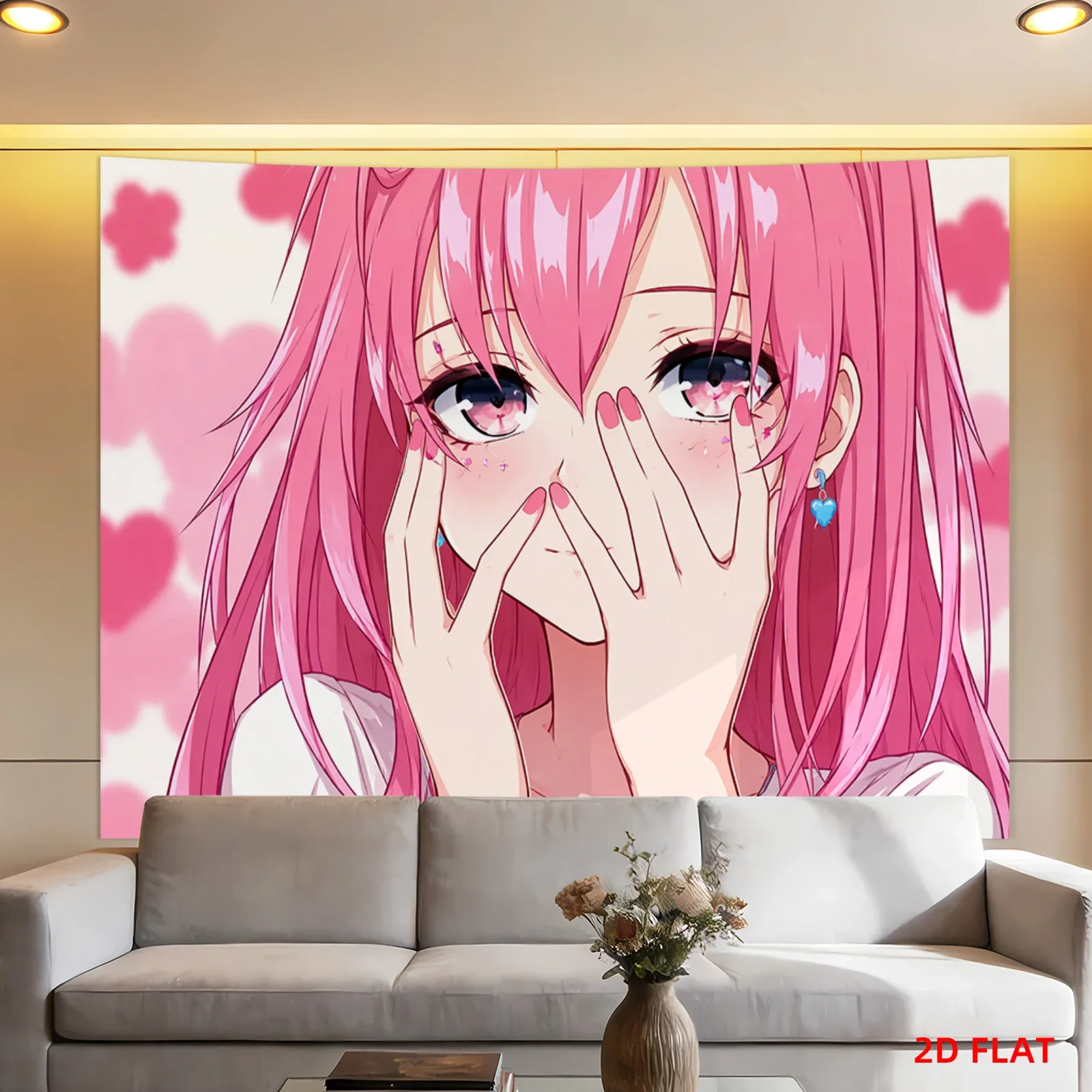 VIKAMA Pink Hair Anime Girl Tapestry Heart Eyes Blush Wall Hanging Cute Decor for Bedroom Living Room Dorm Kawaii Art