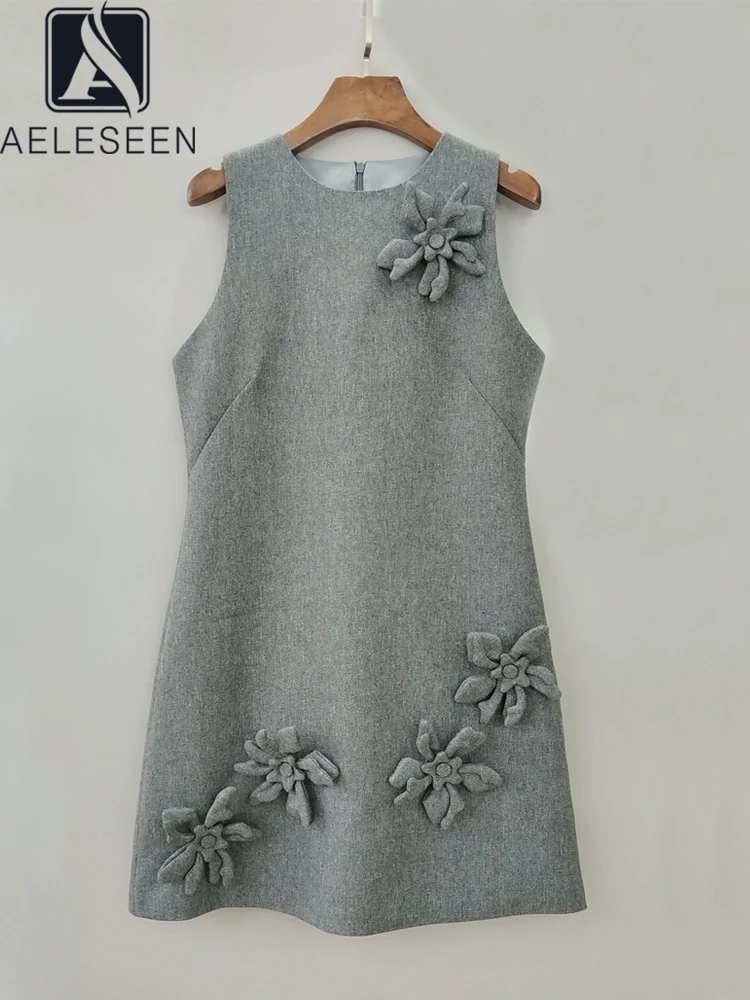 AELESEEN Vintage Mini Tank Dress Women Summer Sleeveless Gray 3D Appliques A-line Casual Holiday Vacation Retro