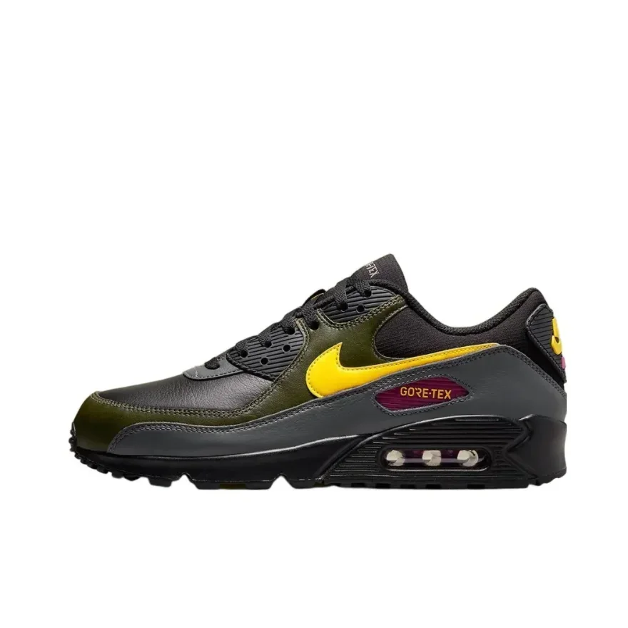 Nike Air Max 90 sepatu kets pria, sepatu lari kasual leher rendah nyaman warna hitam & kuning