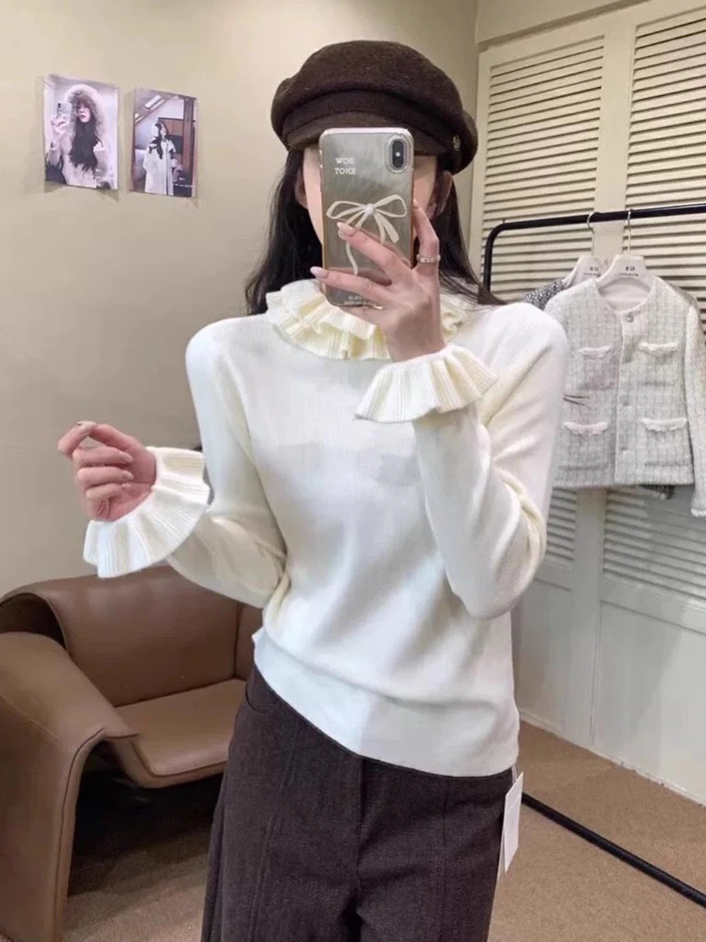 

Trendy Hotsweet Girl Beige Knit Sweater For Women Scarf Collar Cold Shoulder Slim Fit Casual Street Jumpers Warm Bottoming Shirt