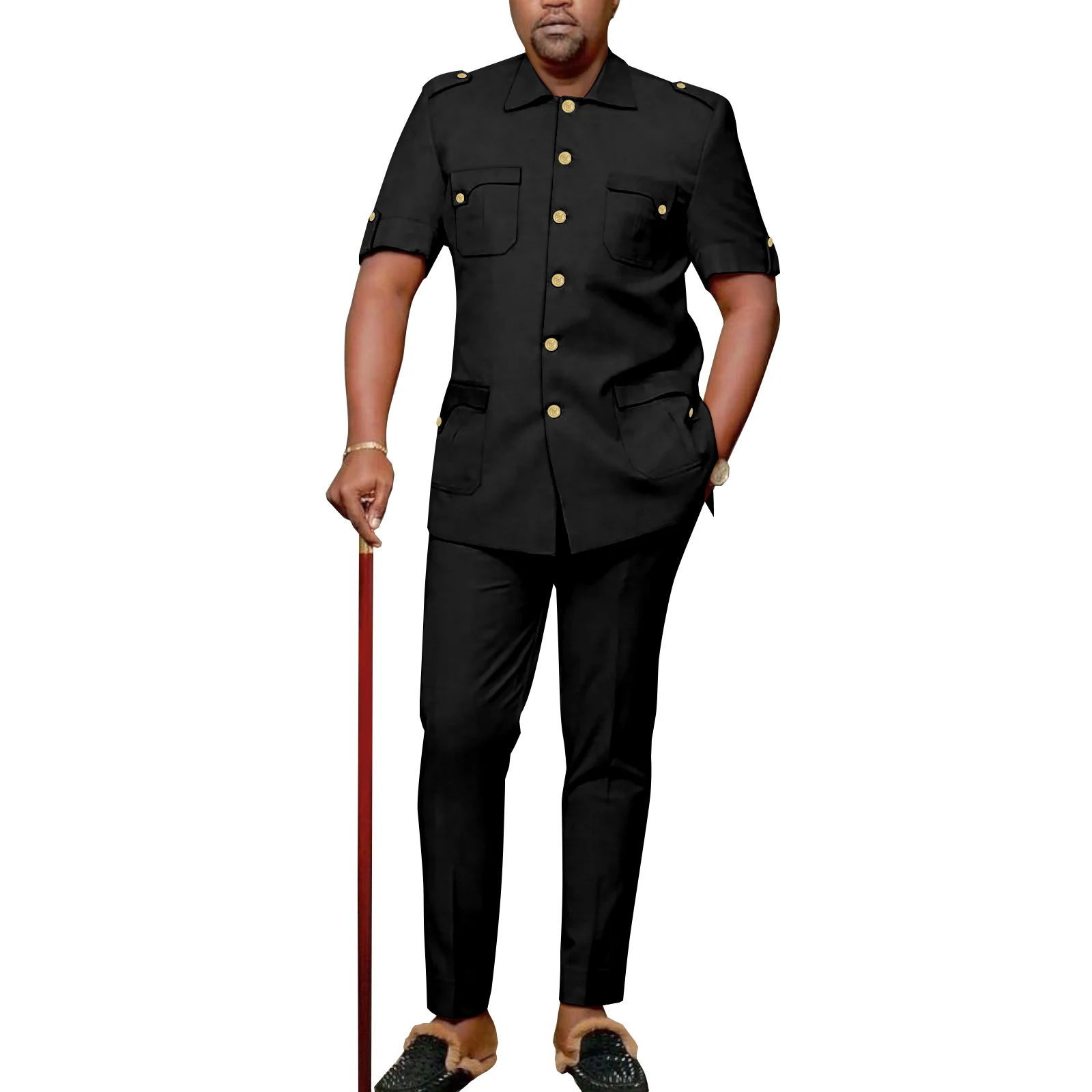 

African African Men's Suit Short-Sleeved Single-Breasted Shirt Full-Length Pants 2-Piece Casual Party Formal Wear A2216166