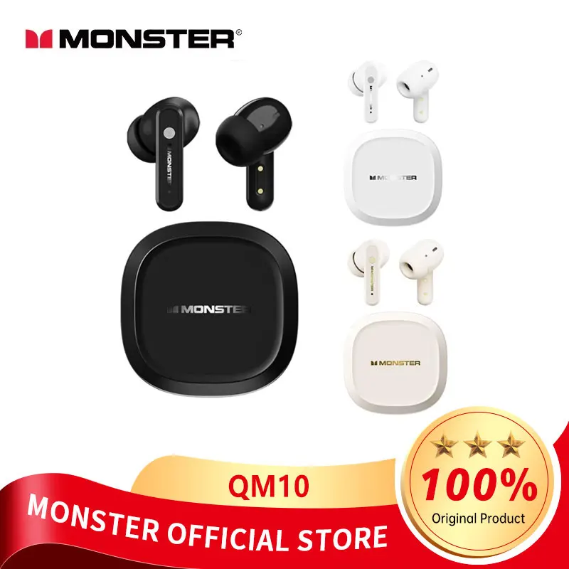 Monster QM10 TWS Earphones Bluetooth 5.4 HiFi Bass Stereo Sports Headphones Dual HD Mic Headset Long Standby