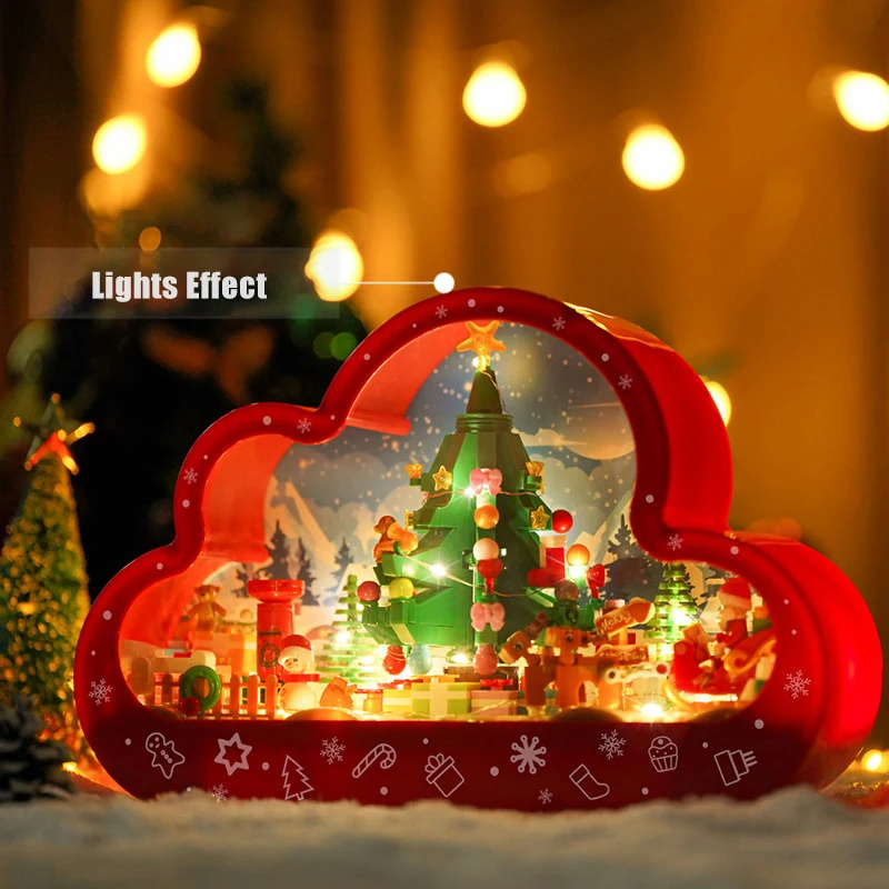 Creative Merry Christmas Tree Cloud Mirror Model Building Blocks Snowman Santa Claus With Lights Mini Bricks Toys Christmas Gift