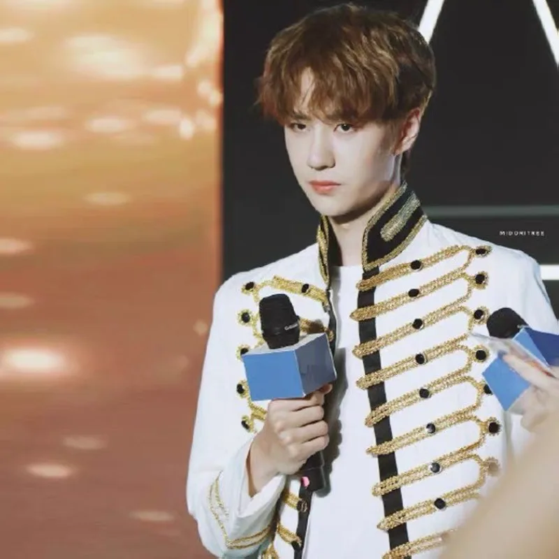 رجل السترة موحدة ثوب أبيض مطعمة مع الذهب المحكمة الأوروبية أداء ملابس رقص للعرض رئيس الرجال ملهى ليلي DJ معطف #3