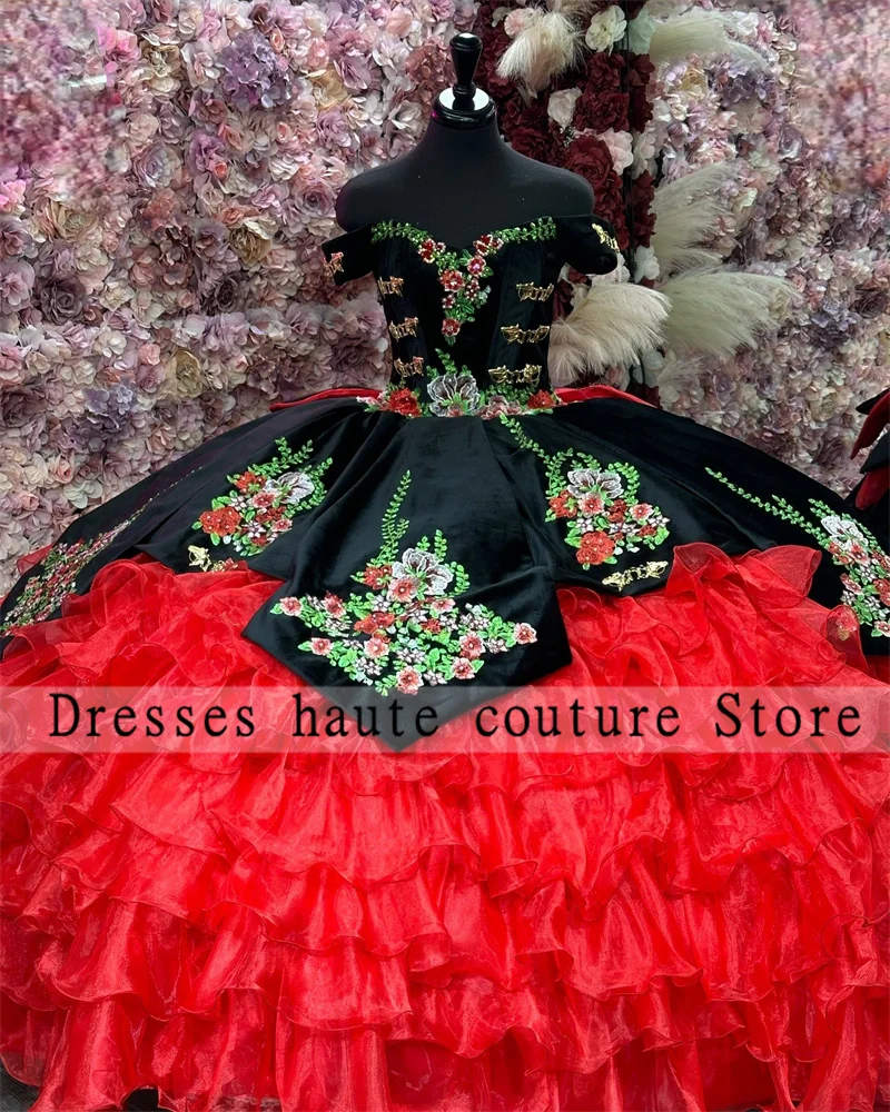 

Mexico Black Off Shoulder Quinceanera Dress Ball Gown 2024 Lace Applique Bow Red Ruffle Tiered Sweet 16 Dress Birthday Dress