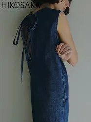 Backless Bow Lace-up Vintage Denim Dress O-neck Sleeveless Loose Casual Robes Female Japan Style Chic Spring Summer Vestidos