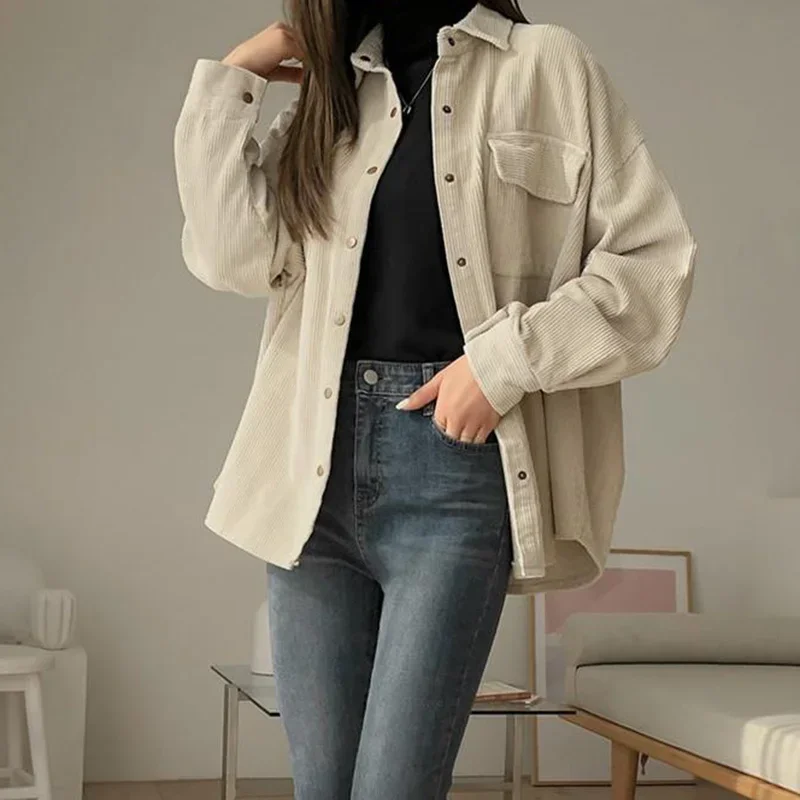 Autumn Corduroy Shirt Coat for Women Casual Solid Loose Women\'s Jackets Single Breasted Double Pocket Coats Female