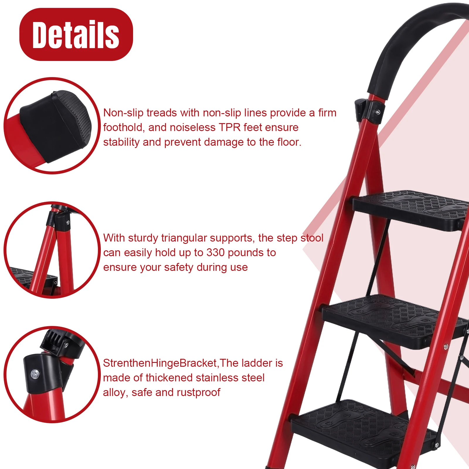 سلم قابل للطي بثلاث خطوات، مقاعد متينة ومحمولة، أقصى قدرة تحميل 330 رطل، خطوات منصة واسعة للعمل في الأماكن المغلقة/الخارجية #6