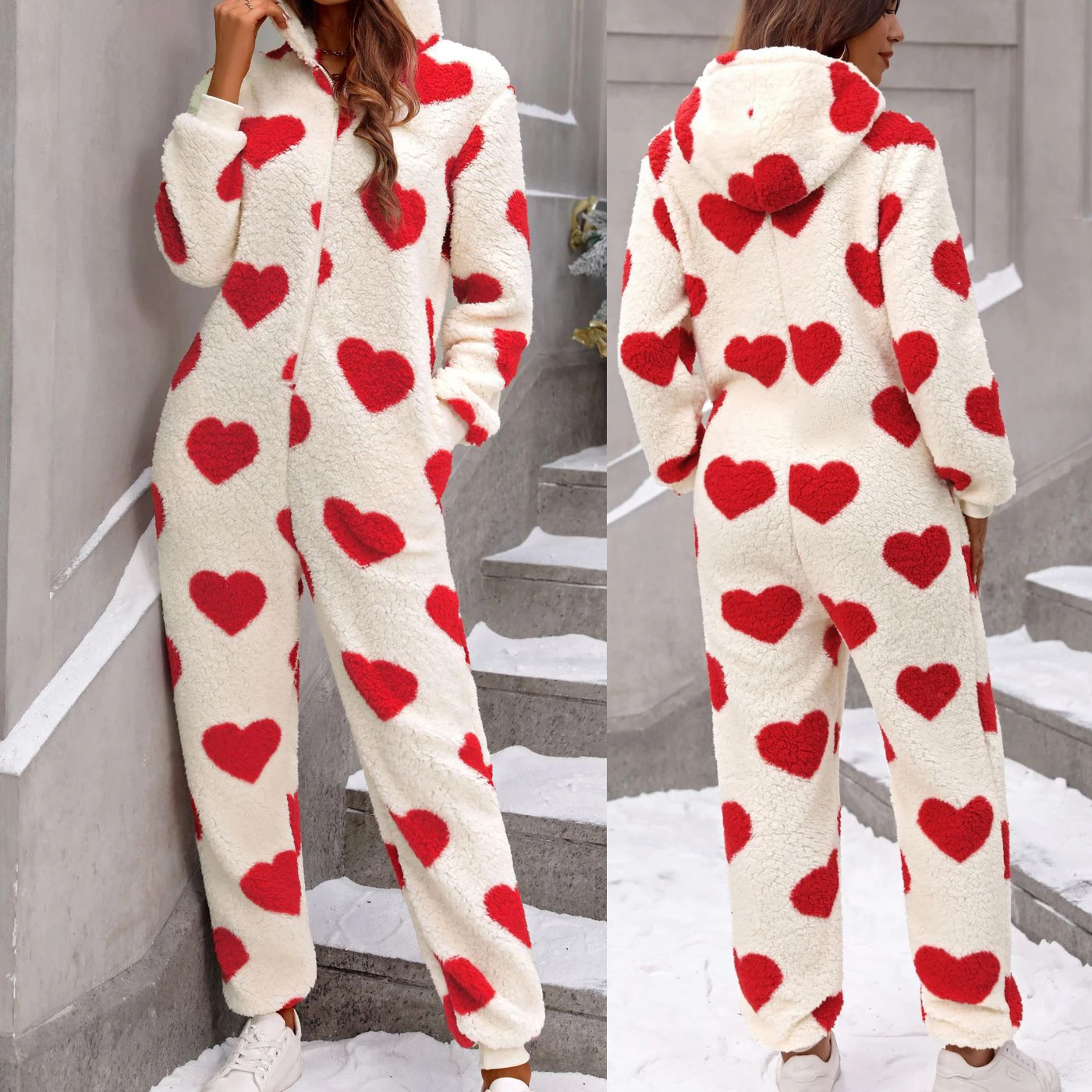 Women's Winter Warm One Piece Christmas Jumpsuit Pajamas Cute Heart Print Hoodies Zip Up Sleepwear Fleece Playsuit Ropa De Mujer