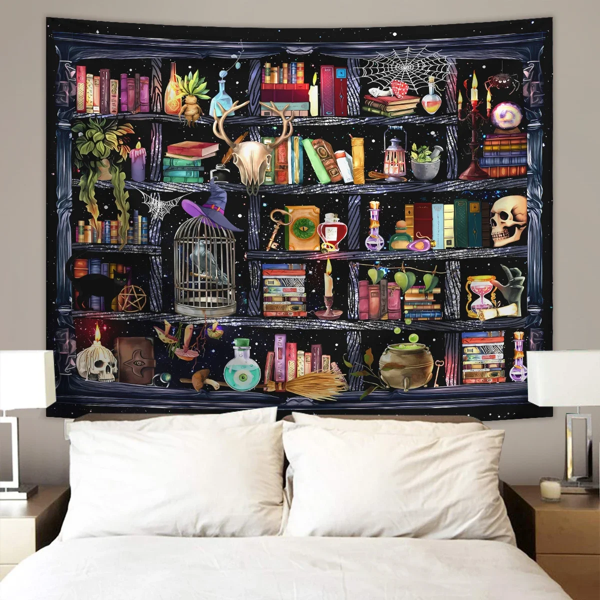 1 Stück Bücherregal-Wandteppich, magische Gothic-Kuhkopf-Knochenhexe, Retro-Pflanze, geheimnisvolle Bildung, Bücherregal-Wandteppich