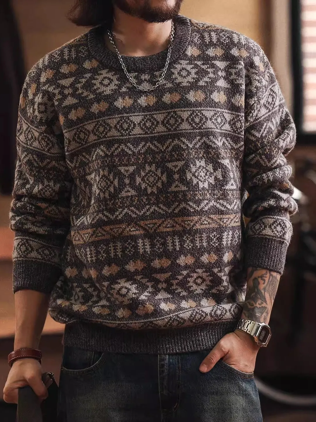 

Men's Thiened Comfortable Knitted Sweater Retro Floral Pattern Winter Warm Base Layer Casual Loose Fit Long Sve round Ne