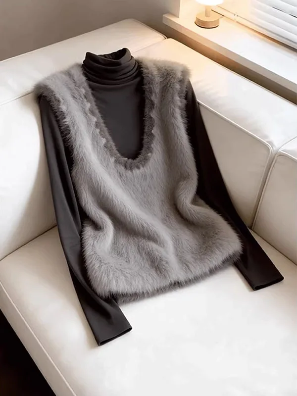 Comfortable Loose Women's Vest Base Shirt Fleece Warm Commuting Relaxing Color Grey Winter Fashion Outerwear High Collar