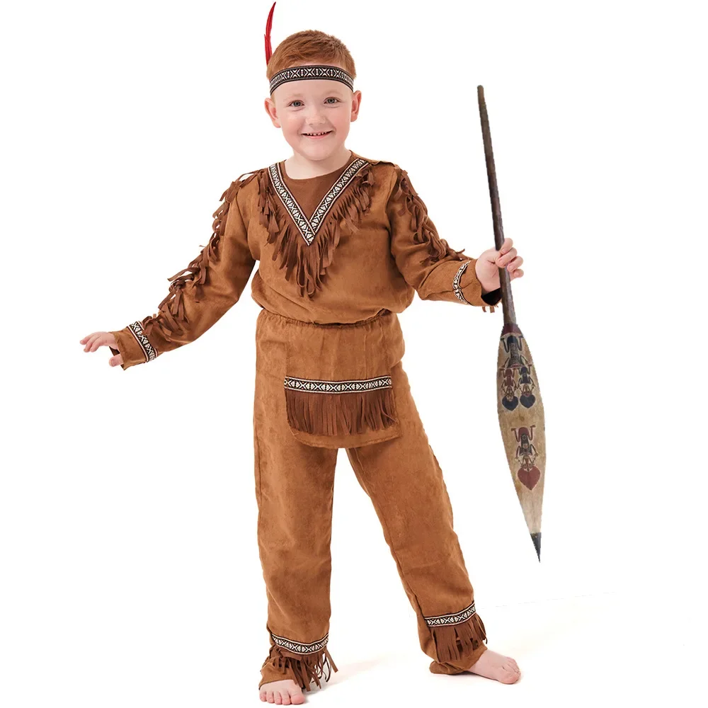 Kids Halloween Native Costume Boys Brown Color American Indian Tribal Warrior Outfits