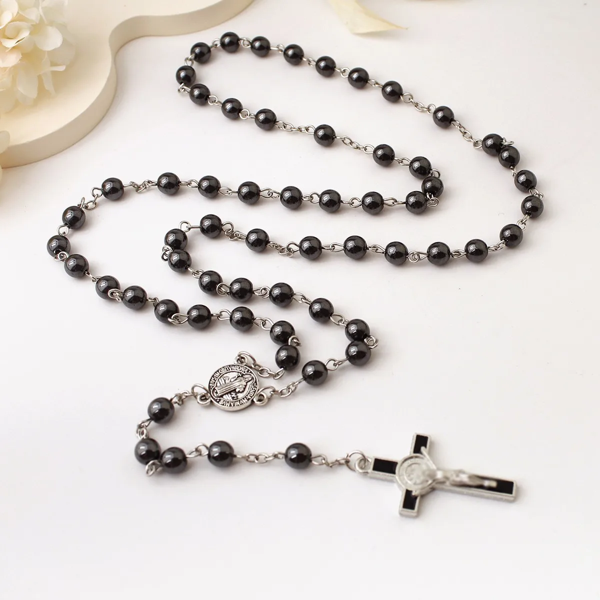 Collar largo vintage de ónix negro para hombre, colgante de cruz religiosa de Jesús, joyería de moda sencilla para bautizo y oración, regalos, Dropshipping