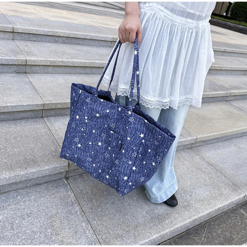 Koreanische Tragetasche mit Sterndruck, Damen-Shopper-Schultertasche, geräumige Handtasche für den täglichen Gebrauch, einfarbig, vielseitig, minimalistisch – Detail 15
