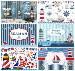 Laeacco Baby Birthday Photophone Photography Backdrops Sea Pennant Seaman Sailor Lighthouse Ship Blue Stripe Photo Backgrounds