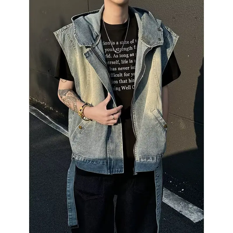 Rompi Tanpa Lengan Model Usang dan Pudar untuk Anak Laki-Laki, Gaya Retro Amerika dengan Hoodie, Jahitan Dekonstruksi