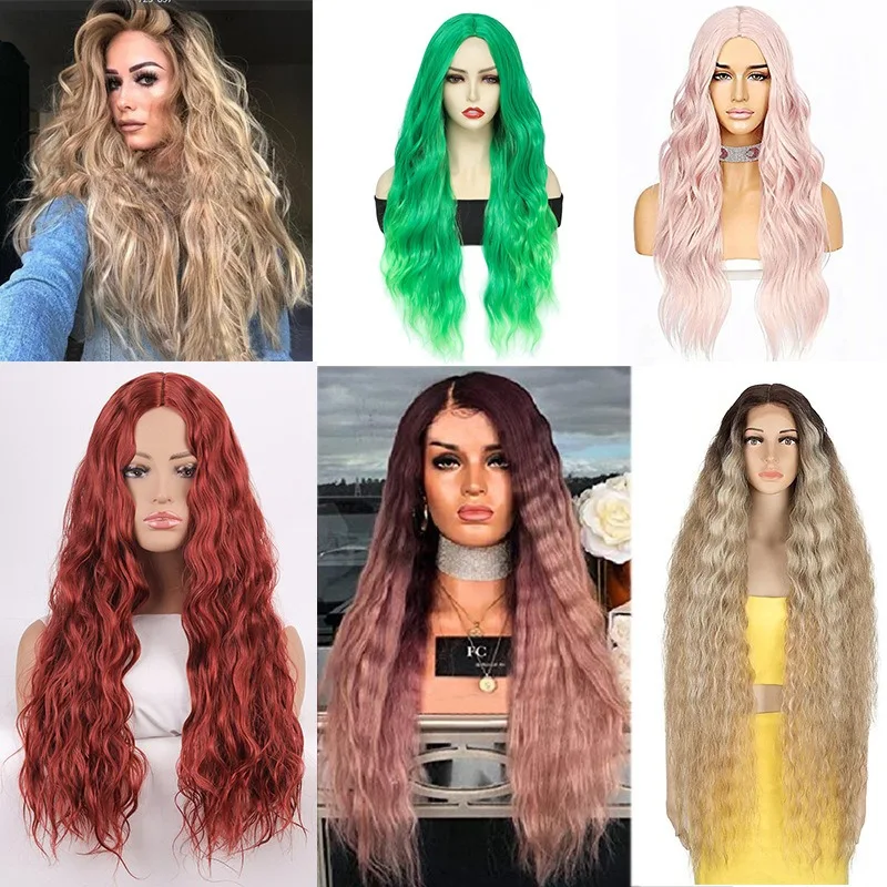 

Lady Fashion Instant Noodle Roll Headgear Bar Dress Up Colorful Center Parted Bangs Long Curly Hair Ball Headwear Long Style Wig