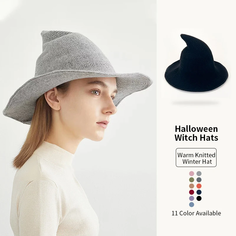 

Halloween Masquerade Cosplay Costume Outfit Accessories Props Party Decorations Pointed Decor Witch Hat Wool Knitted Wizard Hat