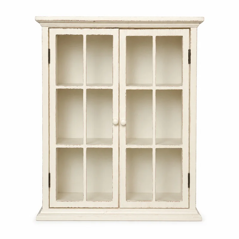 Vintage White Fir Wood Display Case with Tempered Glass Double Doors, 3-Tier Wall Mounted Freestanding Storage Cabinet Organizer