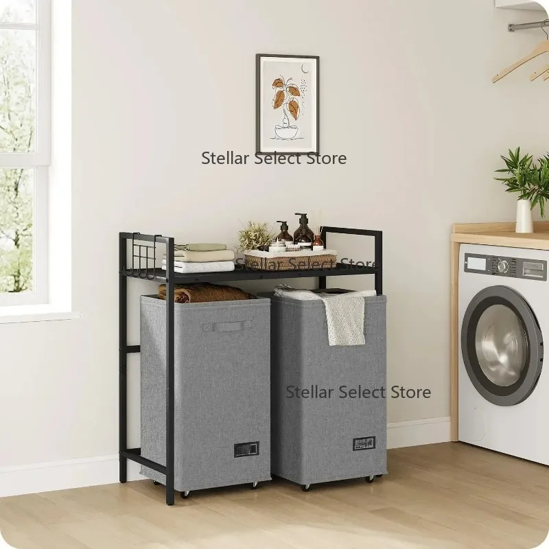y Double Laundry Hamper with Shelf, Rolling Laundry Basket with Wheels, Metal Frame Laundry Sorter Organizer,120L Large Clothes