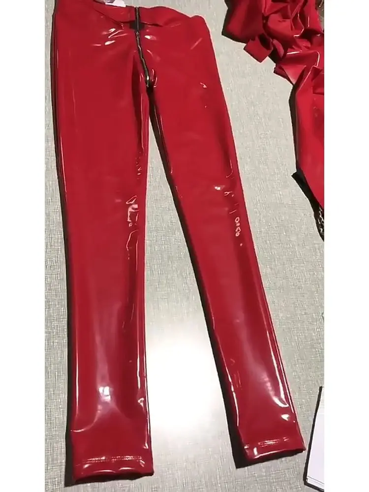 Wetlook Shiny Sexy Zipper Crotch PVC Pants Faux Latex Leggings PU Leather Trousers Women Fitness Legging Clubwear Capris Spodnie
