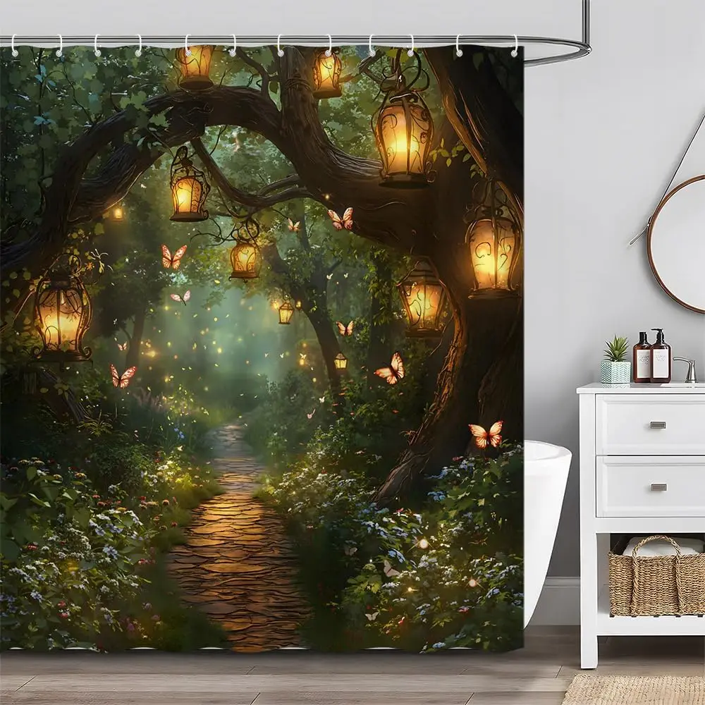 

Fantasy Forest Shower Curtain Fairytale Jungle Magical Enchanted Misty Wonderland Floral Tree Butterfly Lantern NaturePlant Bath