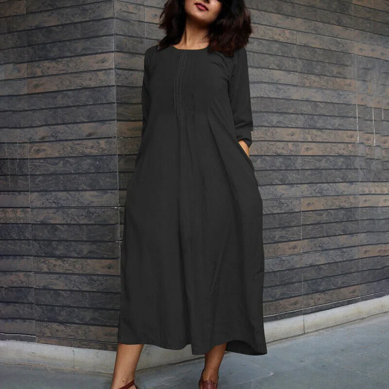 Women\'s clothing long dress cotton linen long sleeved western-style age reducing round neck casual pocket dress plus size