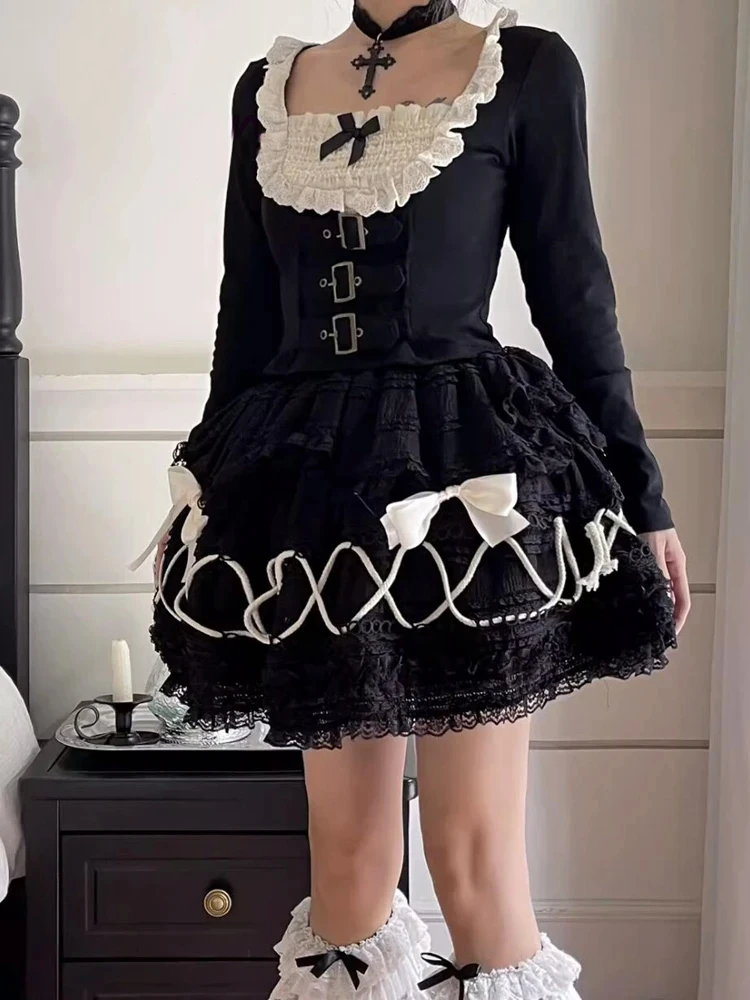 Gothic Lolita Cross Bow Lace Cake Skirt Harajuku Y2k Vintage Women Japanese Fairy Grunge Pleated Ball Gown Kawaii Mini Skirts