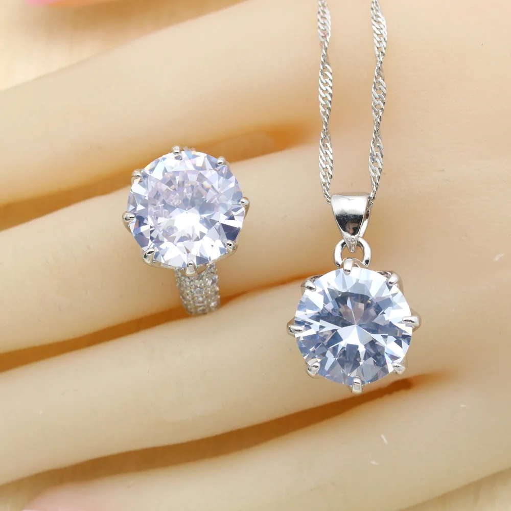 Classic Round White Zirconia  925 Silver Jewelry Sets For Women Necklace Pendant Earrings Rings USA Size Free Gift Box image 3