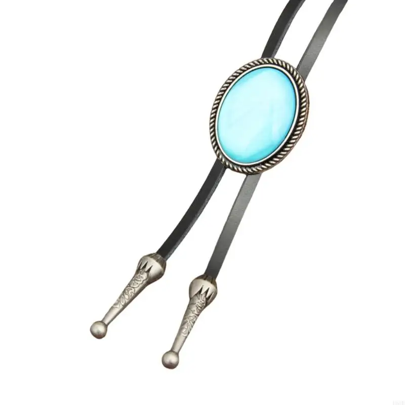 H58E Westerse lederen bolo tie ovale vorm stenen sieraden stropdas ketting overhemd ketting