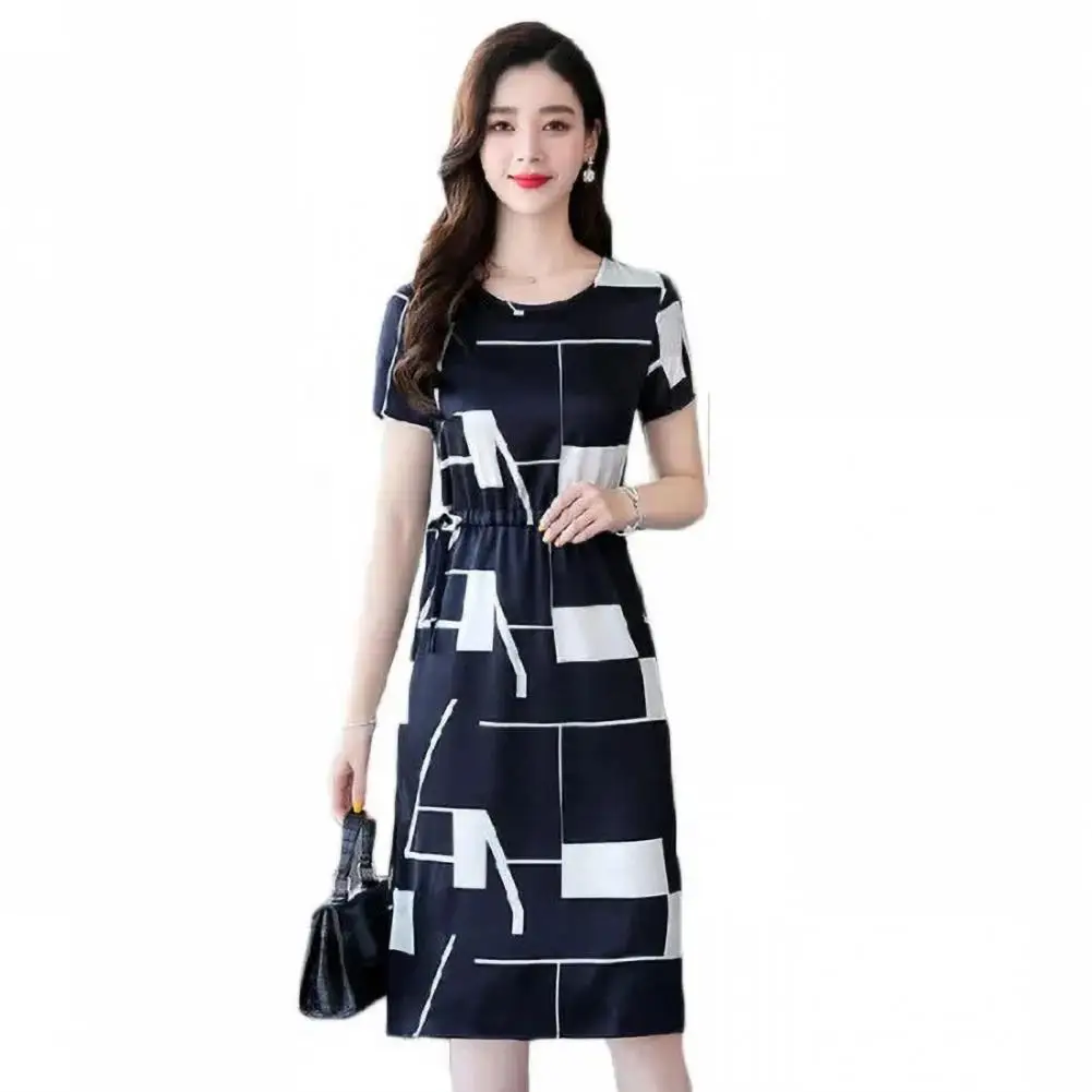 Lady Commuting Dress Elegant Colorblock Print Business Dress for Women Slim Fit Knee Length Midi Dress with Short for Shopping