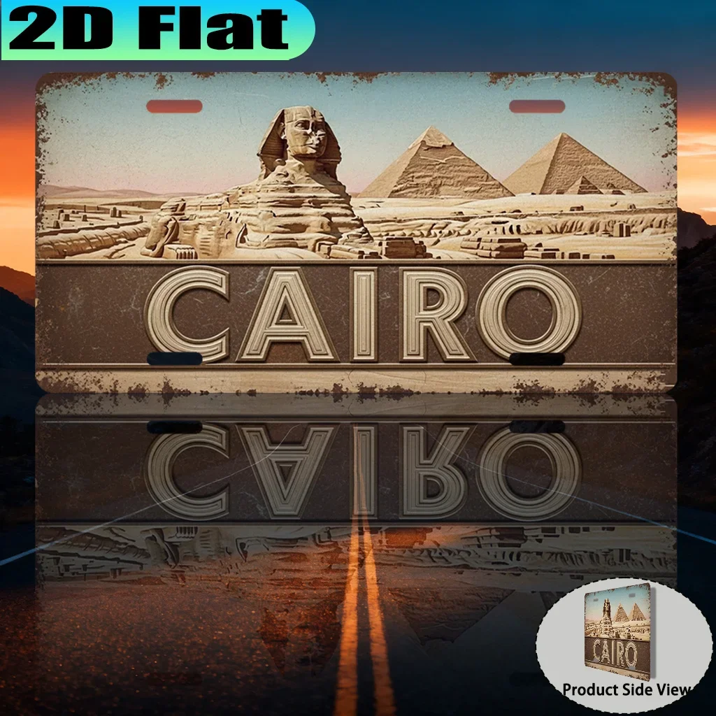 2D Flat Vintage Cairo Egypt Sphinx and Pyramids Ancient Landmark License Plate Style Aluminum Metal Painting Wall Decor for A