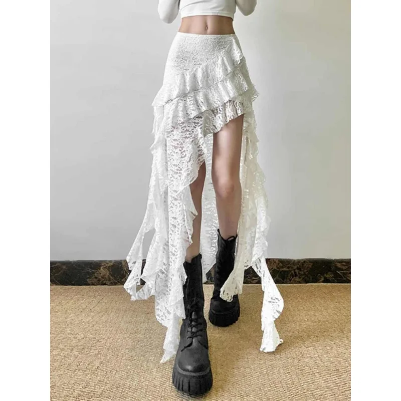 White Sweet Design Lace Patchwork Ruffle High Waisted Y2k Skirt Women Summer Irregular Skirt Long Skirts Harajuku Goth Clothes