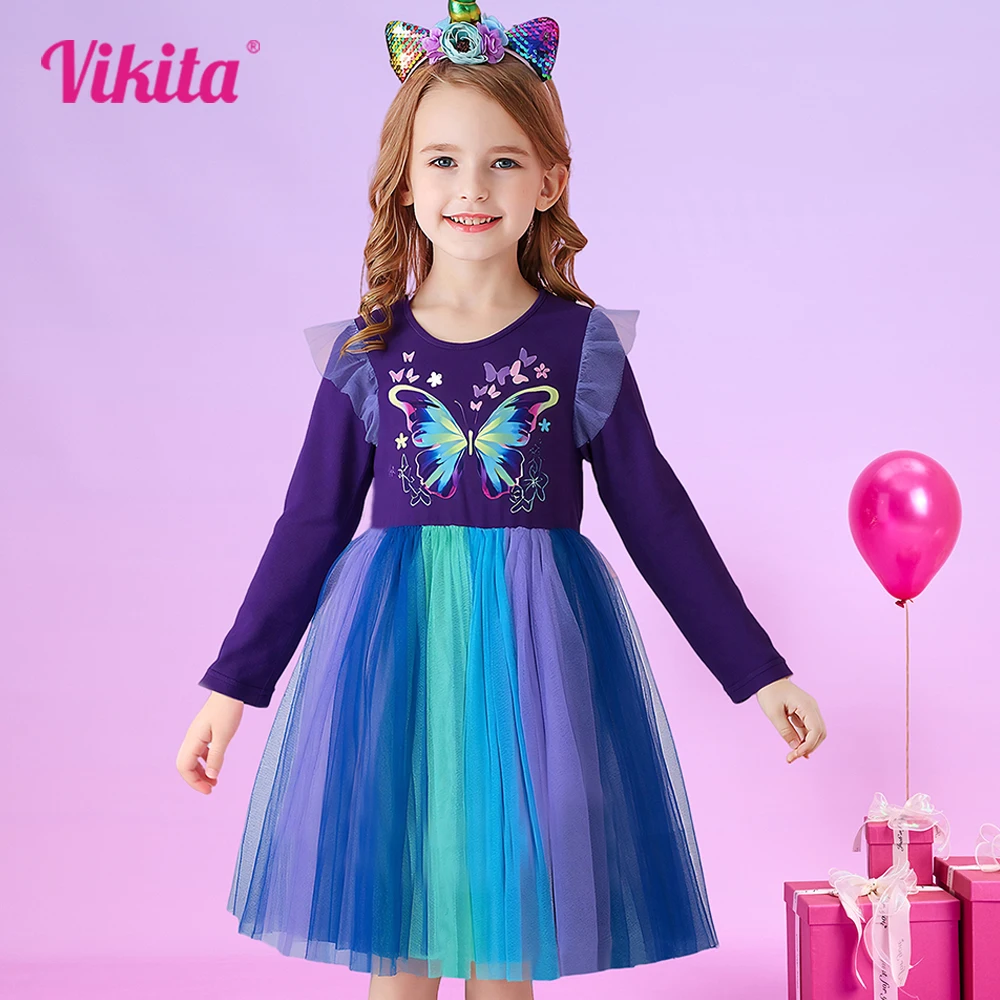 

VIKITA Girls Colorful Butterfly Print Dress Kids Gradient Tulle Mesh Party Purple Dresses Toddlers Autumn Spring Princess Dress