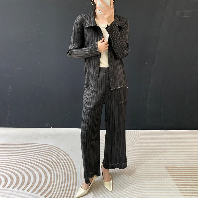 

Miyake Pleated Imitation Denim Women's Two Pieces Set 2026 Spring New Fashion Single Breasted Jacket and Casual Straight Pants